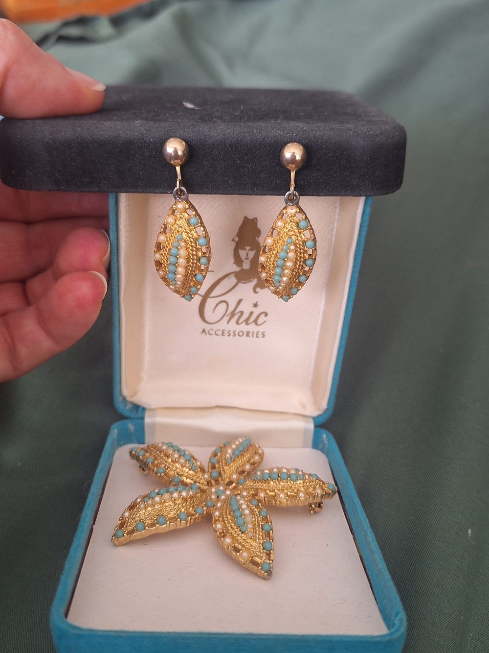 Sarah Coventry Gold-Tone Earrings with Turquoise and Cream Beads
